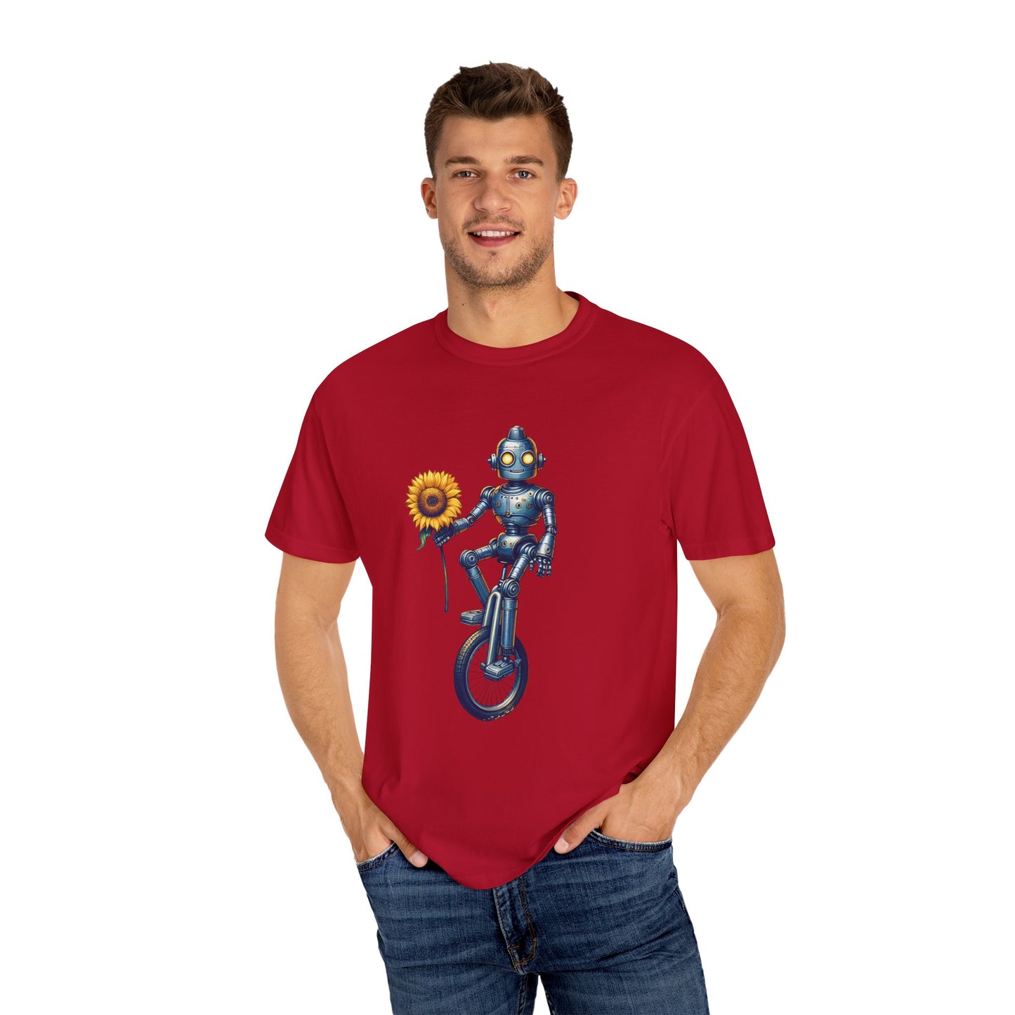 Retro Robot & Sunflower Unisex Garment-Dyed T-shirt - Perfect for Sci-Fi Lovers