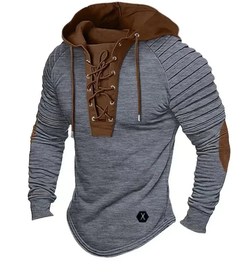 2024 New Autumn Winter Men's Solid Color Casual T-shirt Top Long Sleeved Shirt Slim Fit Pleated Hood Street Vacation Sweatshirt