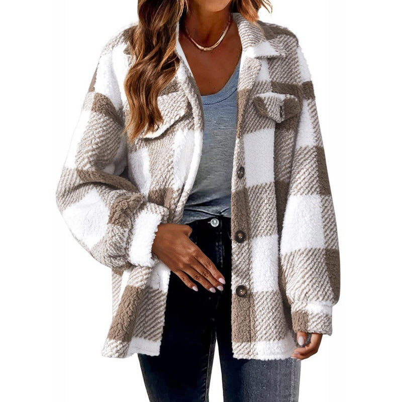 Women's 2024 new Amazon autumn and winter plaid lambskin jacket with pockets button plush coat