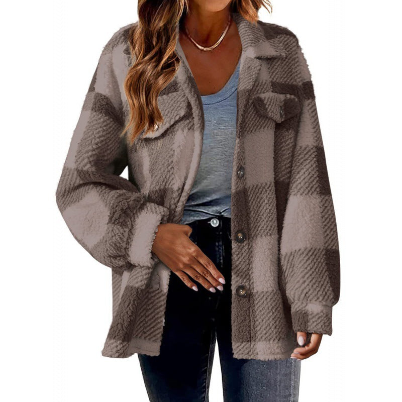 Women's 2024 new Amazon autumn and winter plaid lambskin jacket with pockets button plush coat